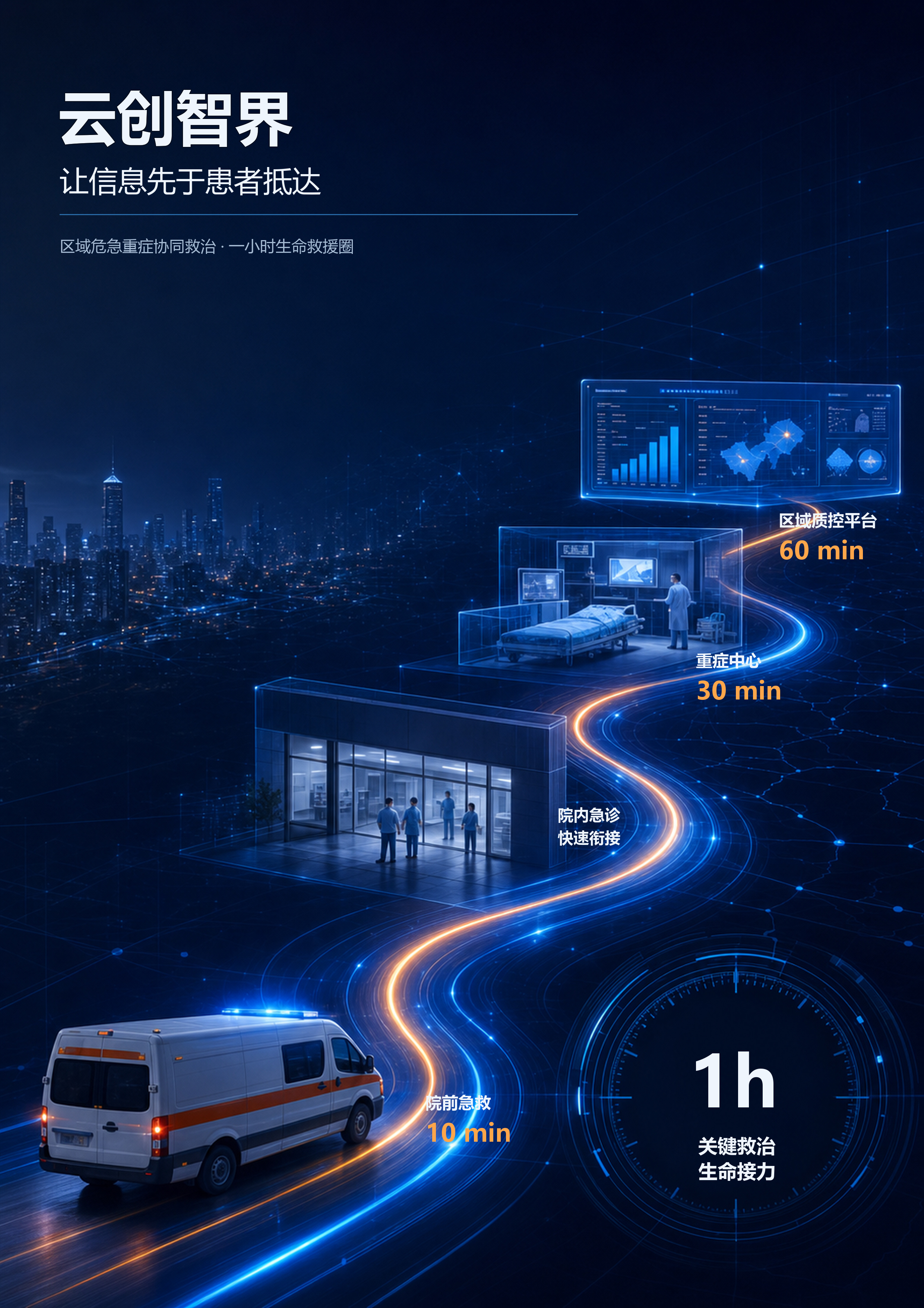 云创智界区域急救闭环宣传封面，展示院前、院内、专科与区域平台的连接路径
